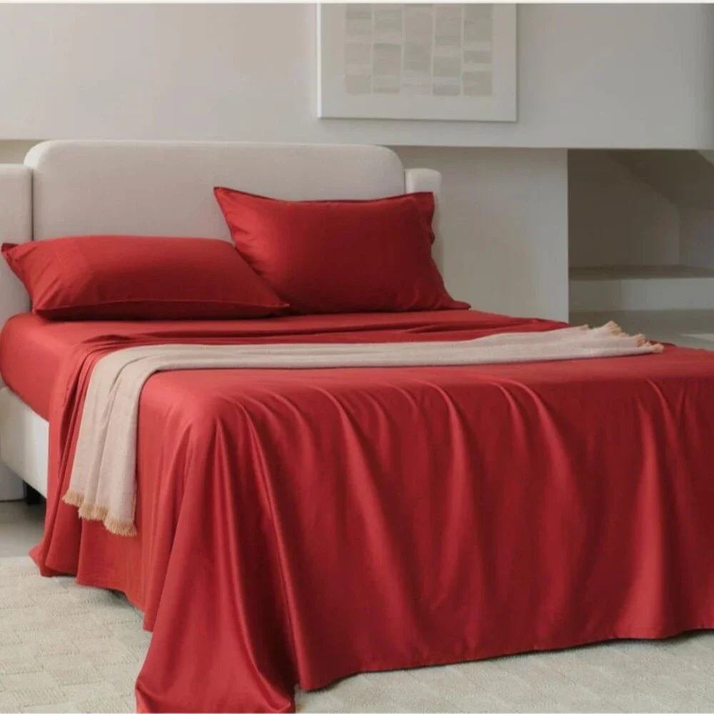 Double Stitch Cotton Tencel Sheet - Bed Sheets Set King Size, 4Pc Christmas Red